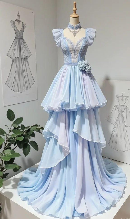 Superbe robe de bal longue en mousseline de soie à col en V et dégradé, robe de soirée formelle ED02418