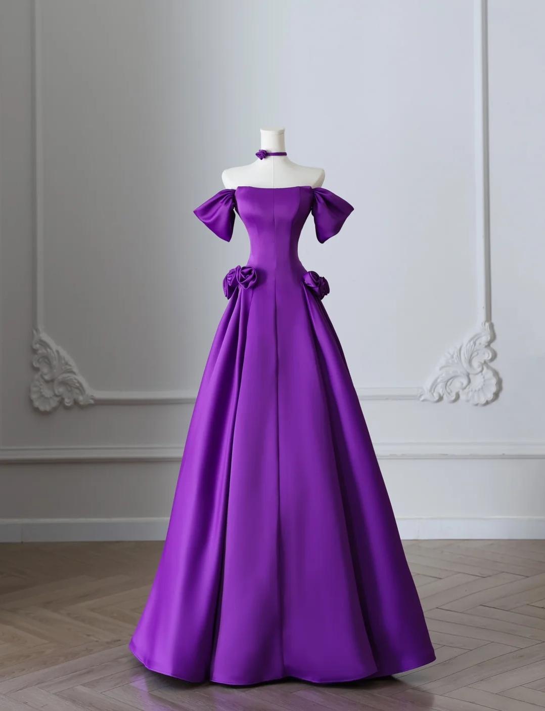 Elegant Purple Off Shoulder A-Line Satin Long Prom Dresses Formal Evening Gowns ED02419