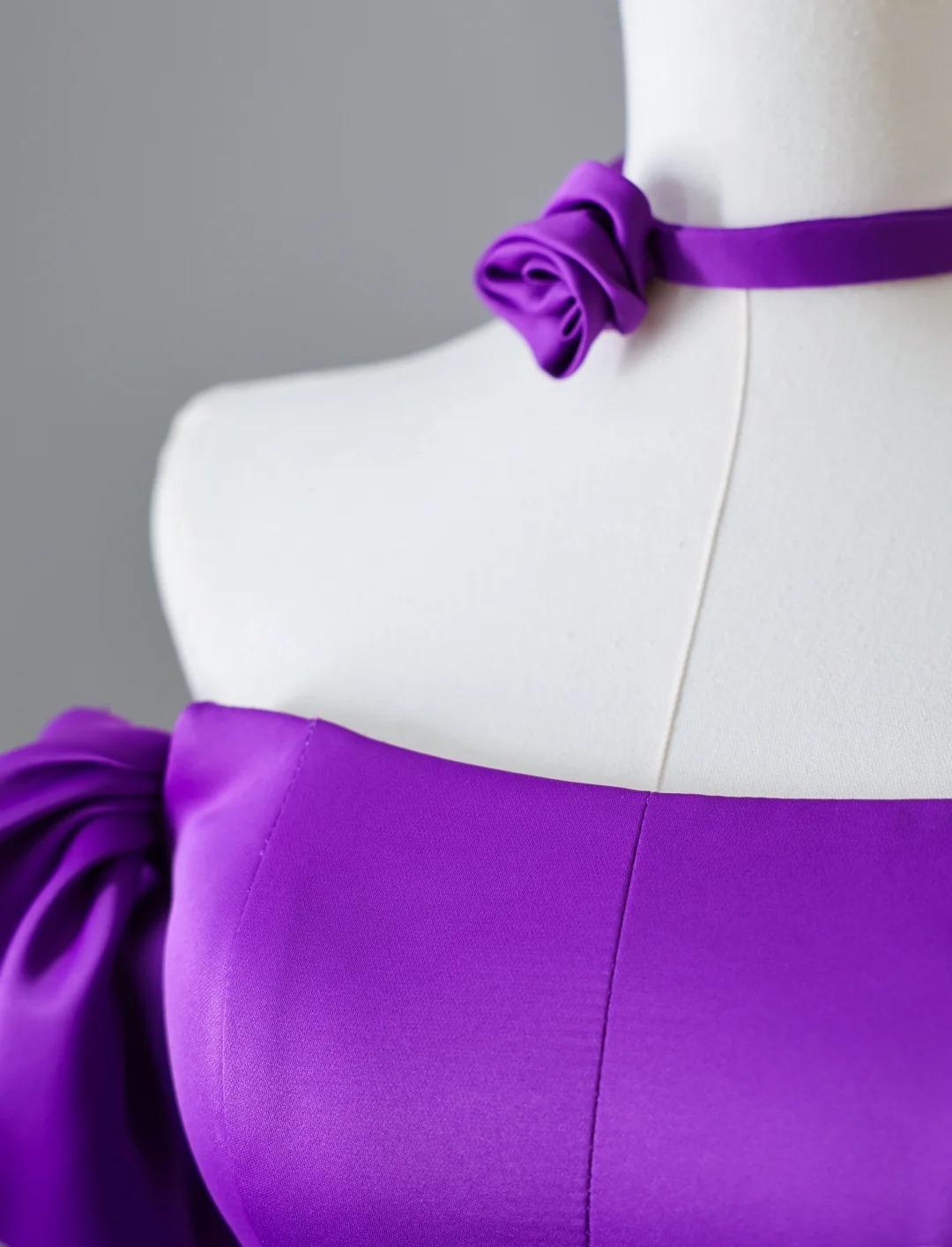 Elegant Purple Off Shoulder A-Line Satin Long Prom Dresses Formal Evening Gowns ED02419
