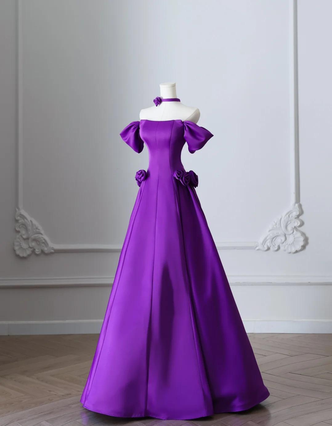 Elegant Purple Off Shoulder A-Line Satin Long Prom Dresses Formal Evening Gowns ED02419