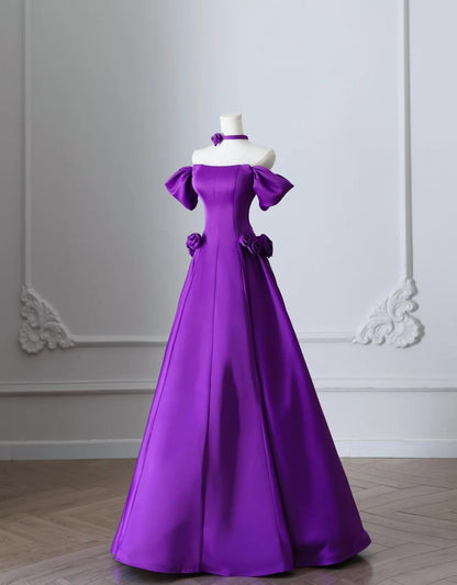 Elegant Purple Off Shoulder A-Line Satin Long Prom Dresses Formal Evening Gowns ED02419