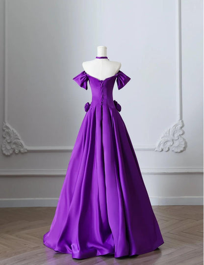 Elegant Purple Off Shoulder A-Line Satin Long Prom Dresses Formal Evening Gowns ED02419
