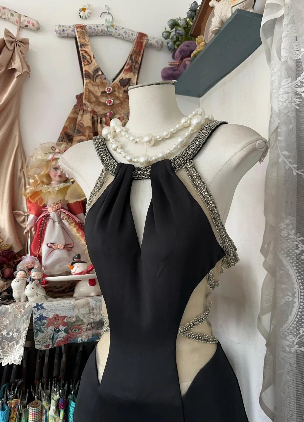 Robe de soirée longue noire glamour en mousseline de soie, dos nu, ED02420