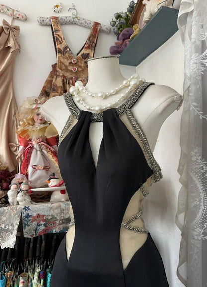 Robe de soirée longue noire glamour en mousseline de soie, dos nu, ED02420
