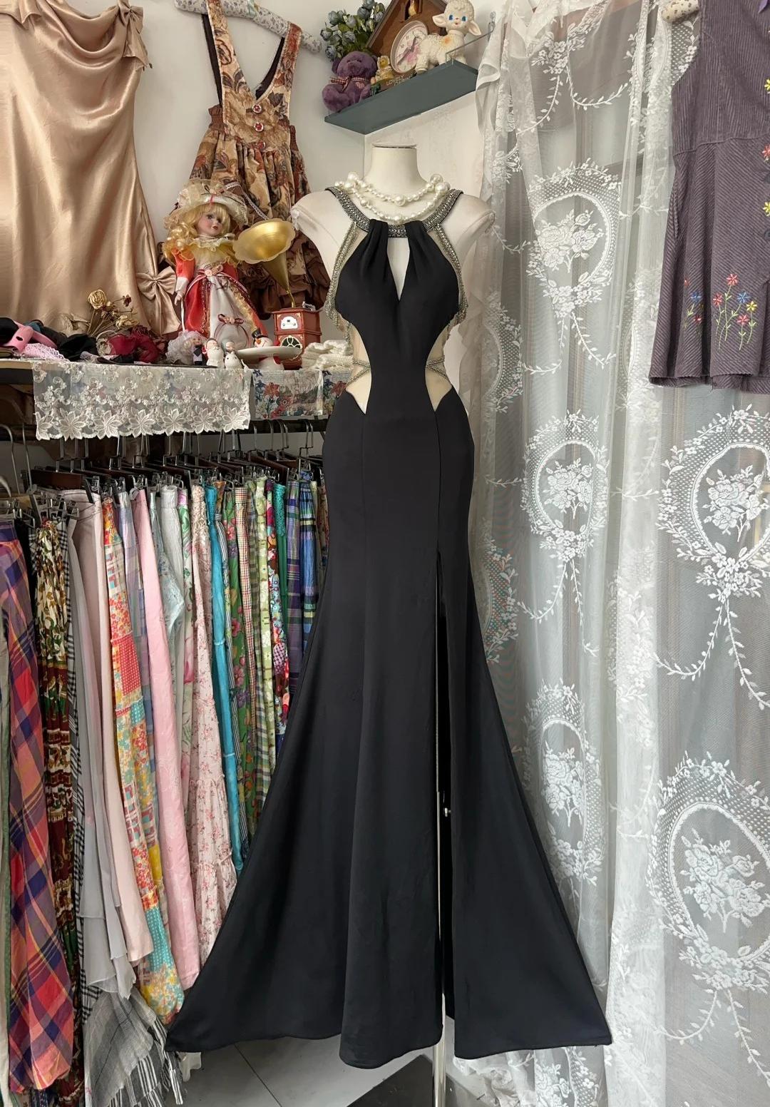 Robe de soirée longue noire glamour en mousseline de soie, dos nu, ED02420