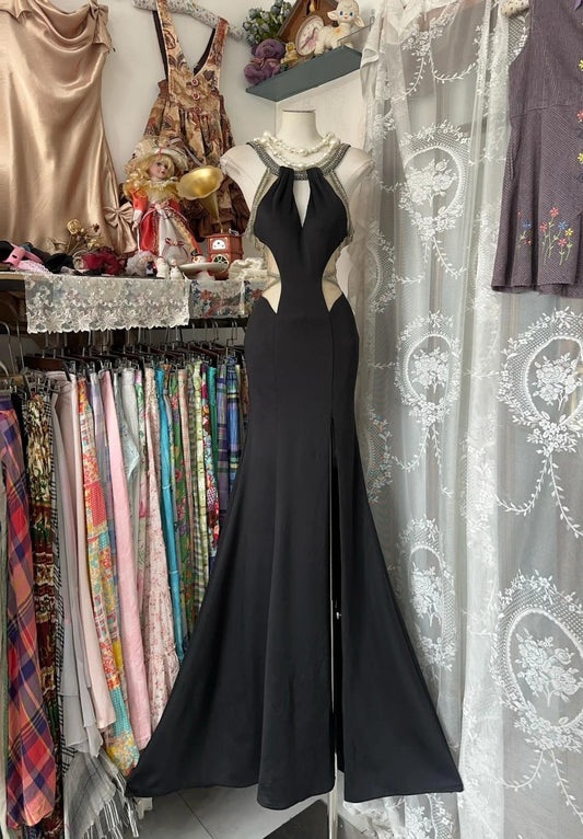 Robe de soirée longue noire glamour en mousseline de soie, dos nu, ED02420