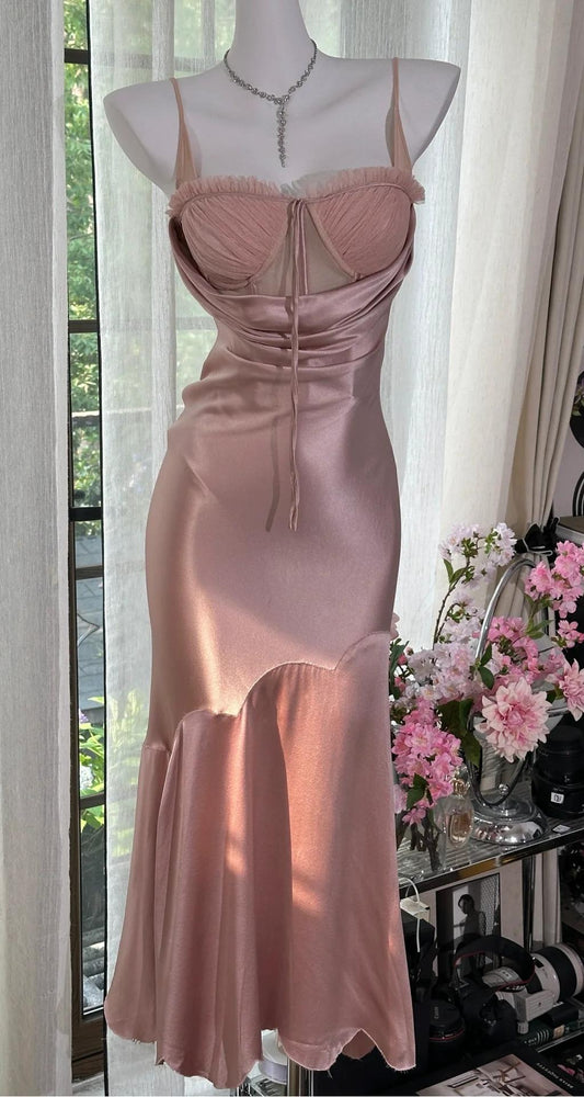 Robe de soirée fourreau en satin rose blush à bretelles spaghetti, élégante, ED02422