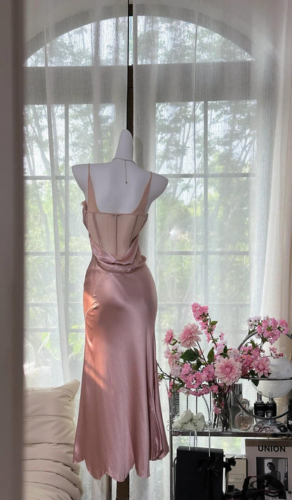 Robe de soirée fourreau en satin rose blush à bretelles spaghetti, élégante, ED02422