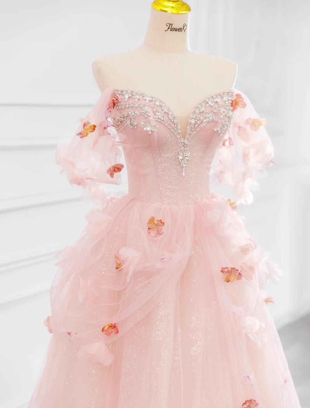 Robe de mariée trapèze en tulle rose à épaules dénudées ED02423