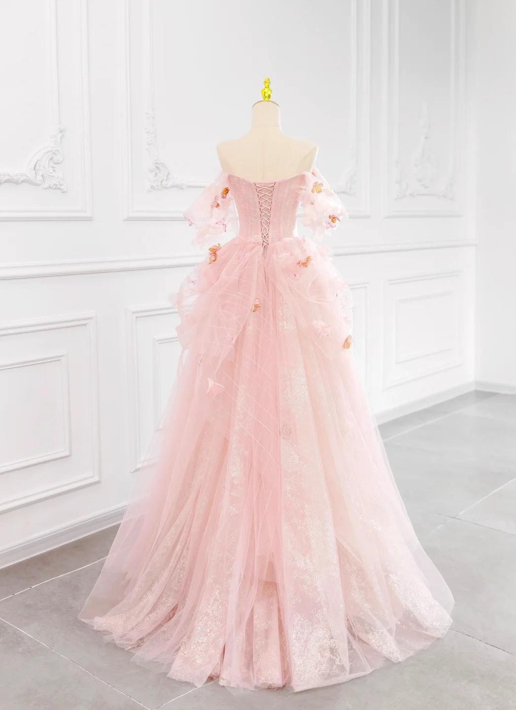 Robe de mariée trapèze en tulle rose à épaules dénudées ED02423