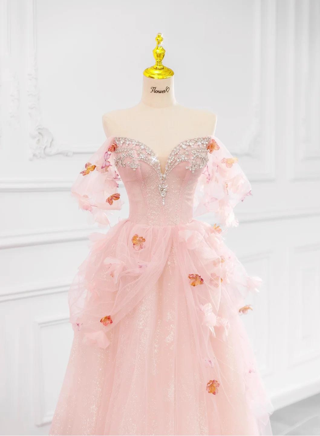 Robe de mariée trapèze en tulle rose à épaules dénudées ED02423