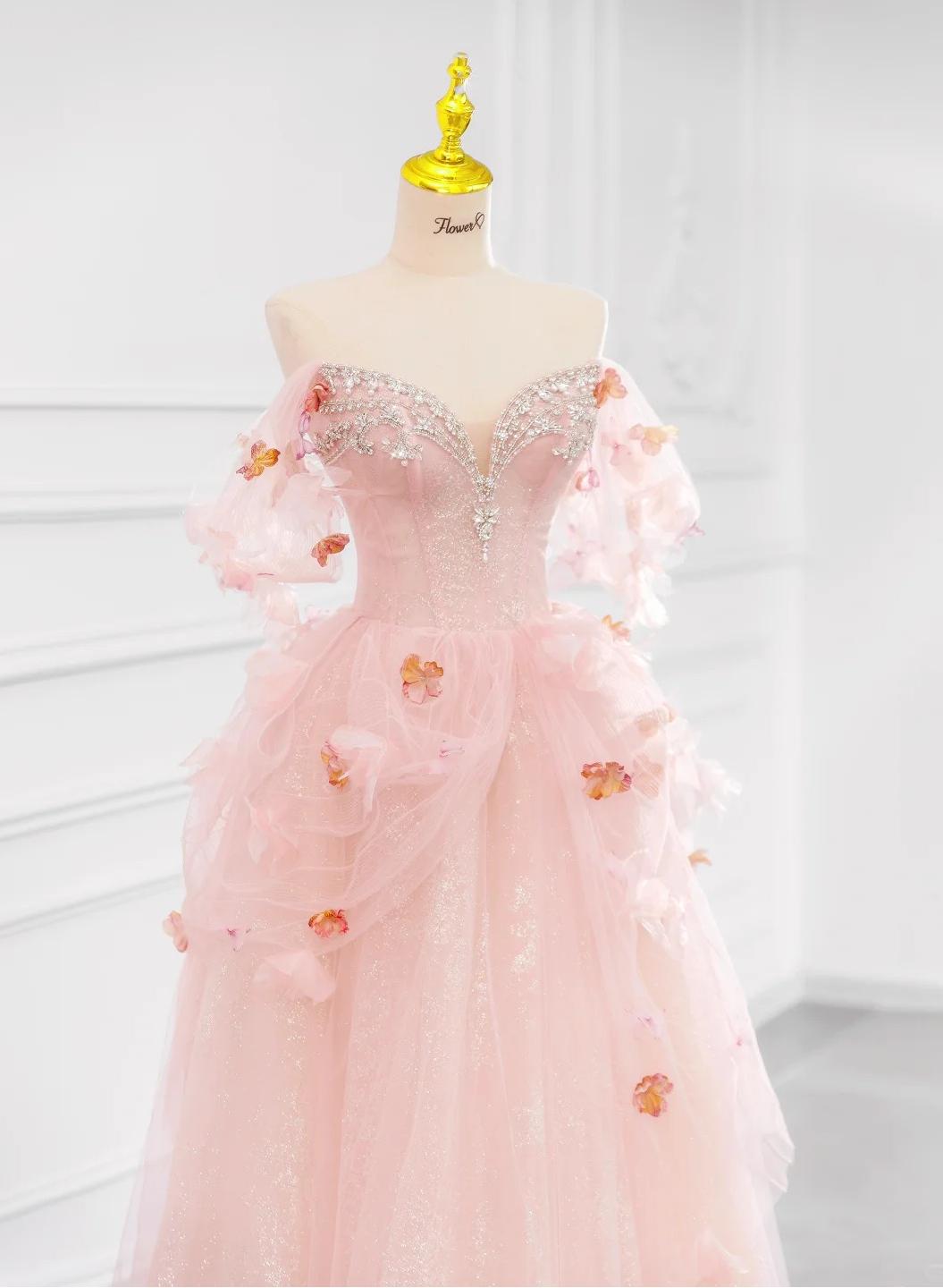 Robe de mariée trapèze en tulle rose à épaules dénudées ED02423