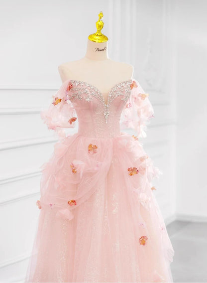 Robe de mariée trapèze en tulle rose à épaules dénudées ED02423