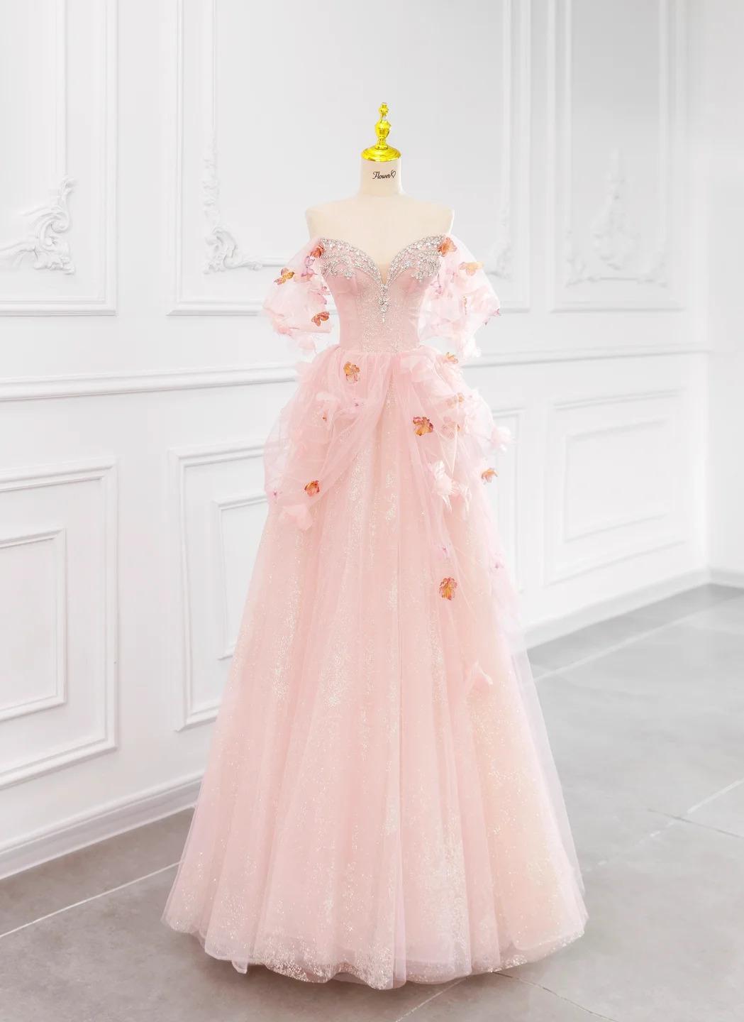 Robe de mariée trapèze en tulle rose à épaules dénudées ED02423