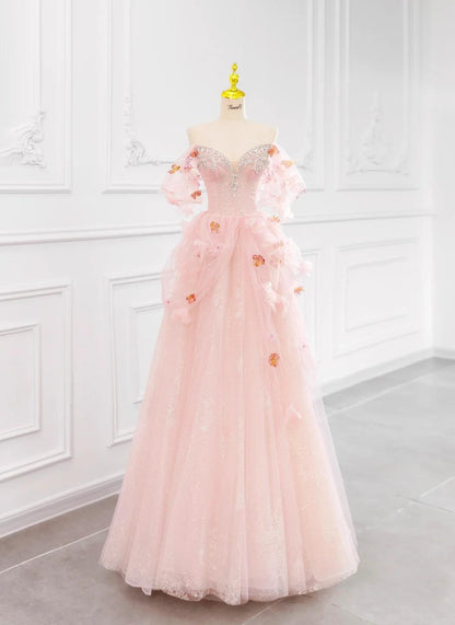 Robe de mariée trapèze en tulle rose à épaules dénudées ED02423