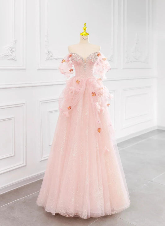Robe de mariée trapèze en tulle rose à épaules dénudées ED02423