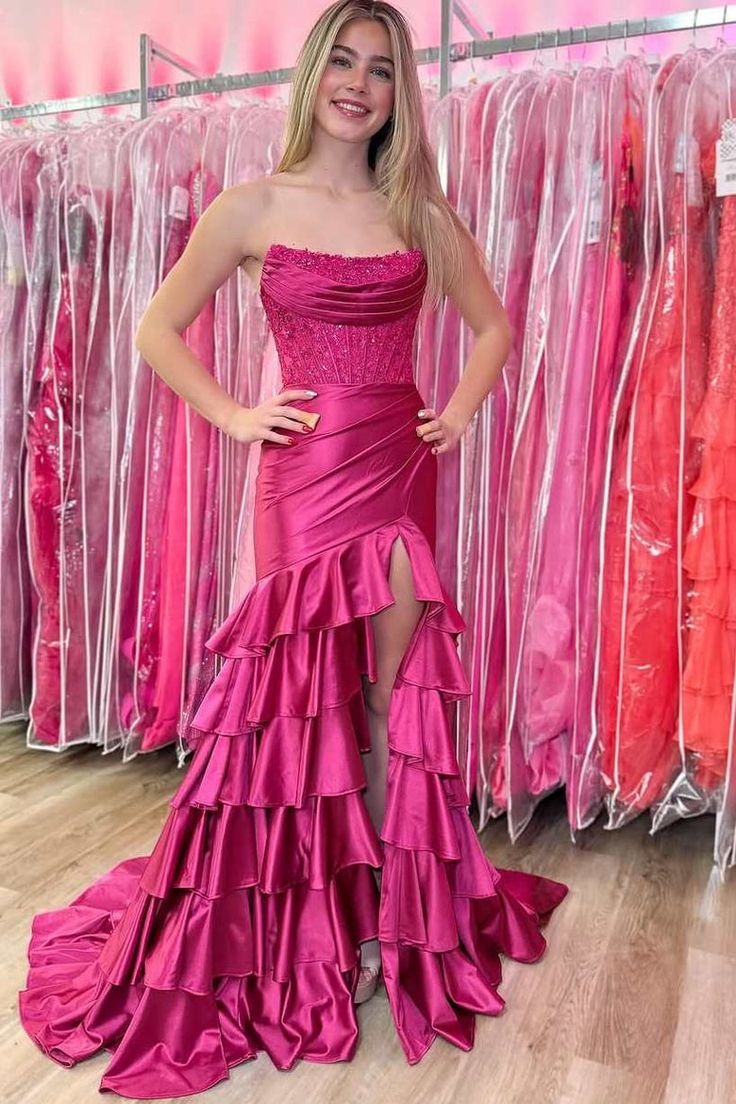 Elegante Fuchsia Trägerlose Meerjungfrau Satin Perlen Lange Ballkleider Formale Abendkleider Mit Schlitzen ED02424