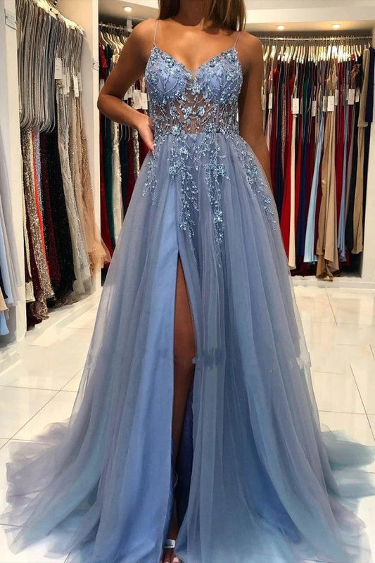 Superbe robe de soirée longue en tulle à bretelles spaghetti gris bleu, à paillettes, coupe trapèze, ED02425