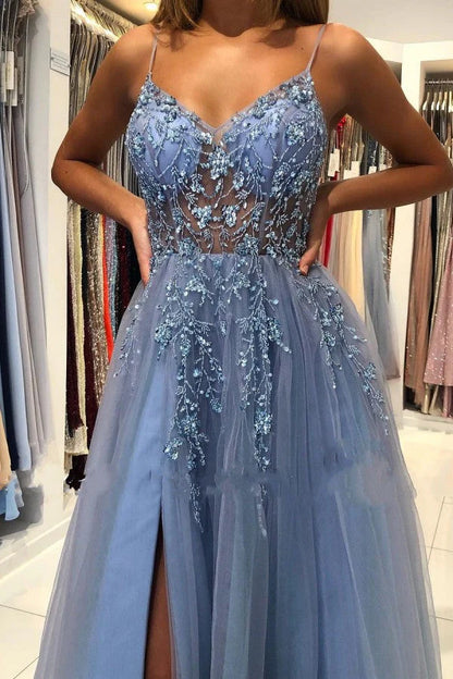 Superbe robe de soirée longue en tulle à bretelles spaghetti gris bleu, à paillettes, coupe trapèze, ED02425