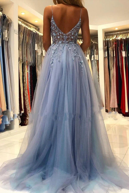 Superbe robe de soirée longue en tulle à bretelles spaghetti gris bleu, à paillettes, coupe trapèze, ED02425