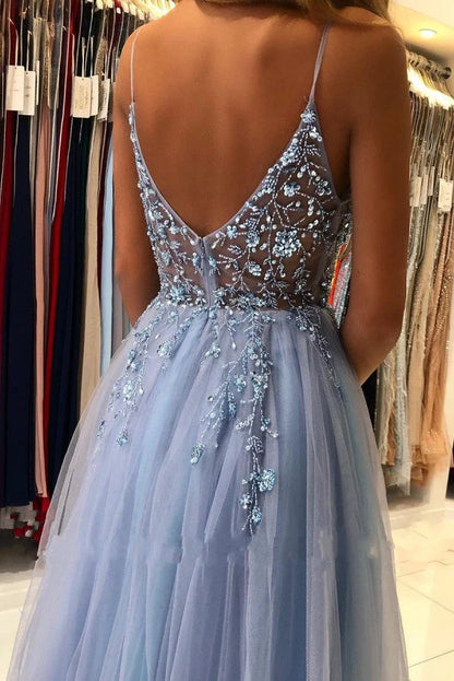 Superbe robe de soirée longue en tulle à bretelles spaghetti gris bleu, à paillettes, coupe trapèze, ED02425