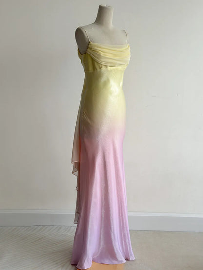Robe de soirée sirène en satin à bretelles spaghetti, style conte de fées, dégradé jaune et rose, style vintage, ED02426
