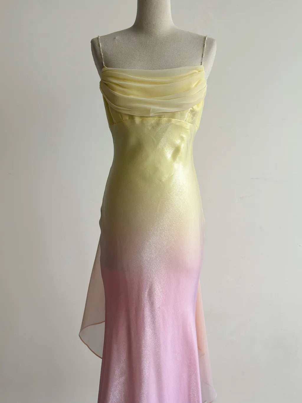 Robe de soirée sirène en satin à bretelles spaghetti, style conte de fées, dégradé jaune et rose, style vintage, ED02426