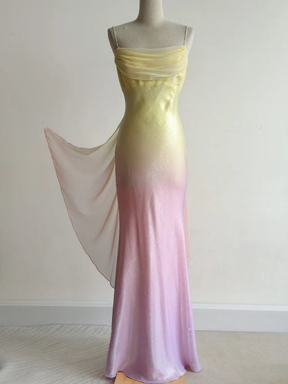 Robe de soirée sirène en satin à bretelles spaghetti, style conte de fées, dégradé jaune et rose, style vintage, ED02426