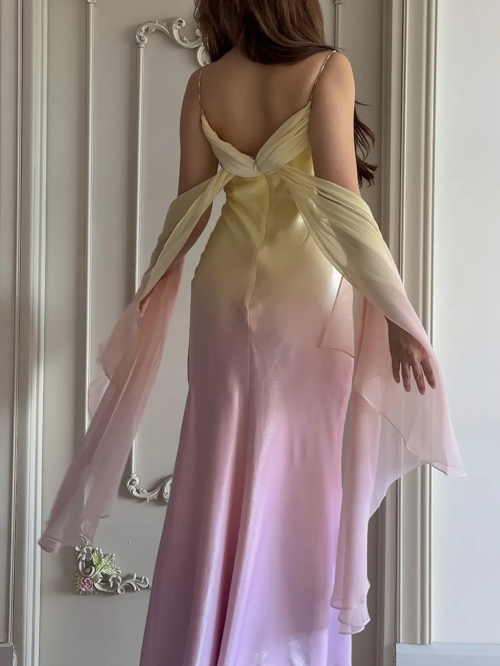 Robe de soirée sirène en satin à bretelles spaghetti, style conte de fées, dégradé jaune et rose, style vintage, ED02426