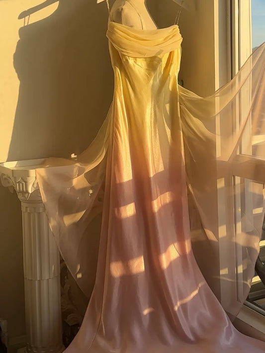 Robe de soirée sirène en satin à bretelles spaghetti, style conte de fées, dégradé jaune et rose, style vintage, ED02426