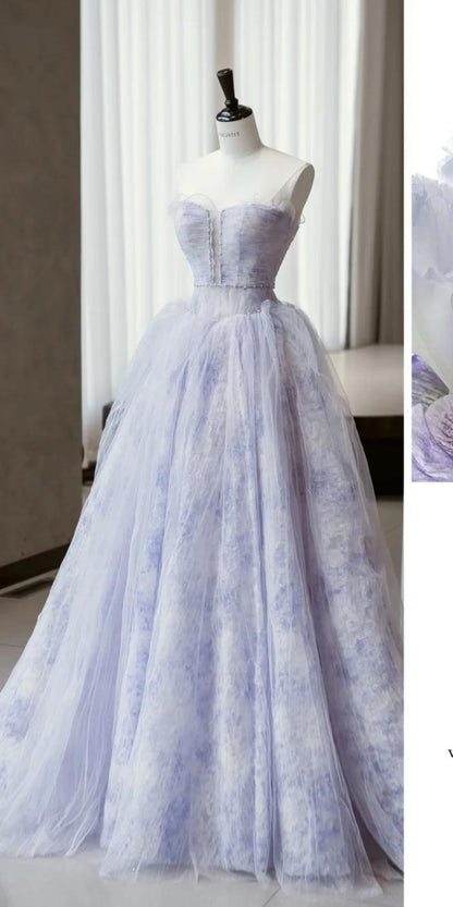 Robe de bal trapèze violette en tulle, sans bretelles, tenue de soirée Sweet 16, ED02429