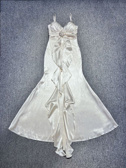 Robe de soirée sirène élégante blanc cassé à bretelles spaghetti en satin ED02430