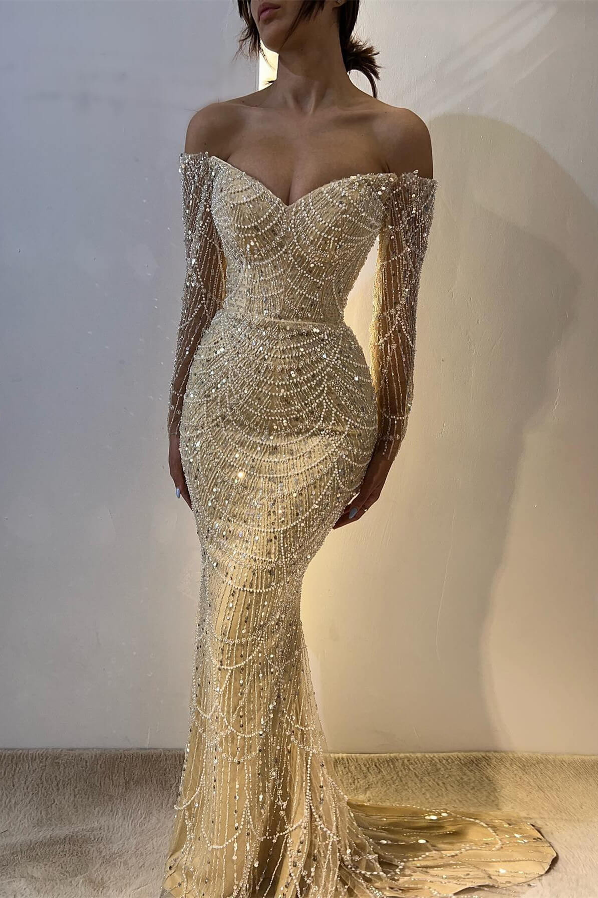 Gorgeous Yellow Off Shoulder Mermaid Long Sleeve Beaded Prom Dresses Fashion Evening Dress ED02431