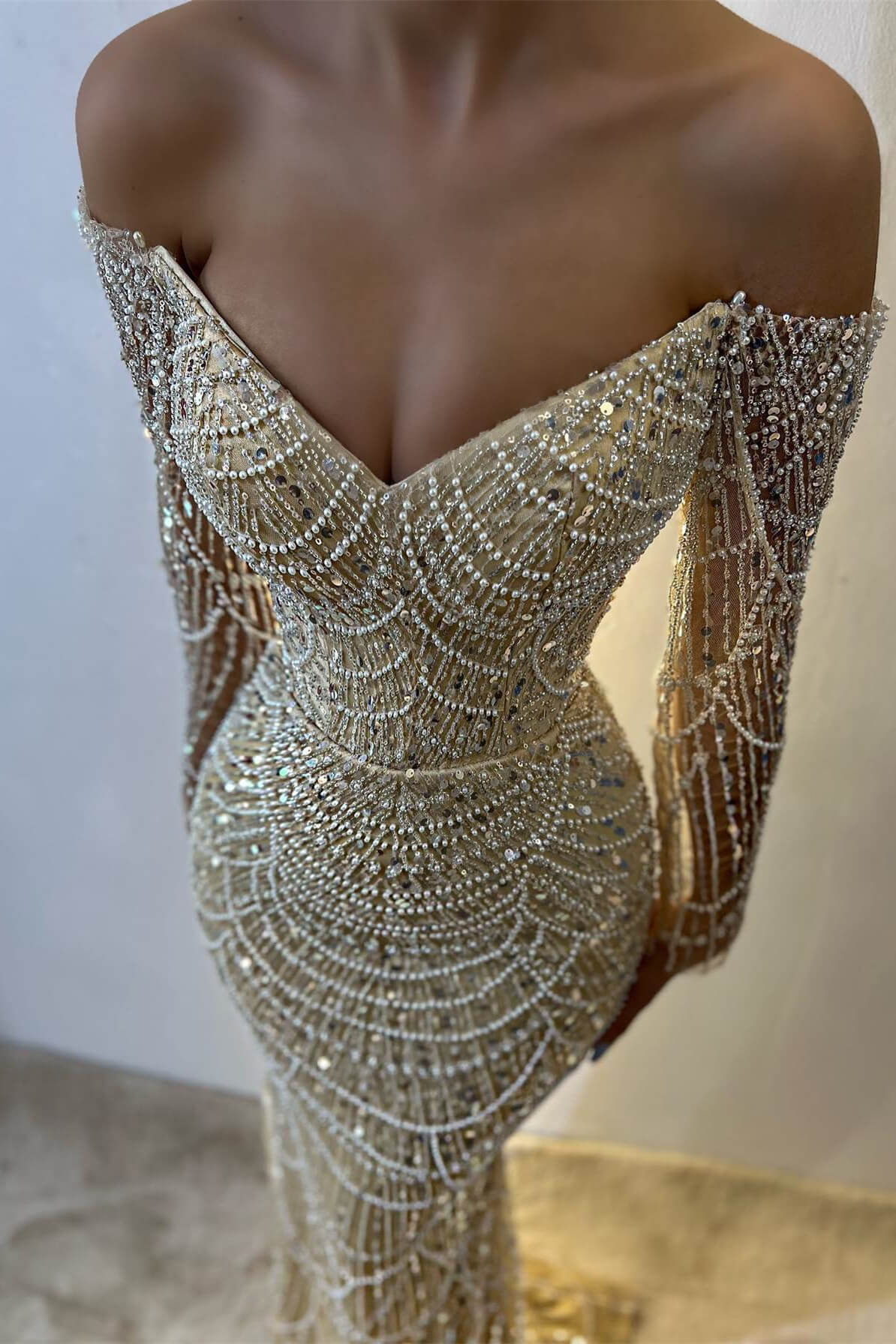 Gorgeous Yellow Off Shoulder Mermaid Long Sleeve Beaded Prom Dresses Fashion Evening Dress ED02431