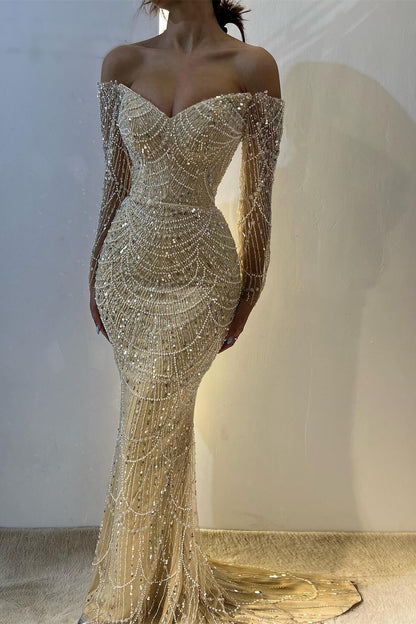 Gorgeous Yellow Off Shoulder Mermaid Long Sleeve Beaded Prom Dresses Fashion Evening Dress ED02431