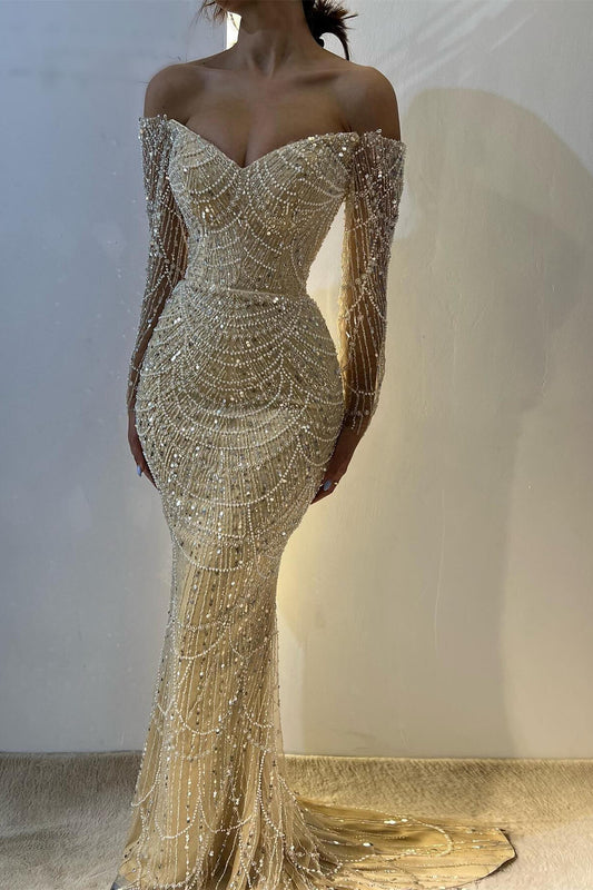 Superbe robe de soirée sirène jaune à épaules dénudées et manches longues ornée de perles ED02431