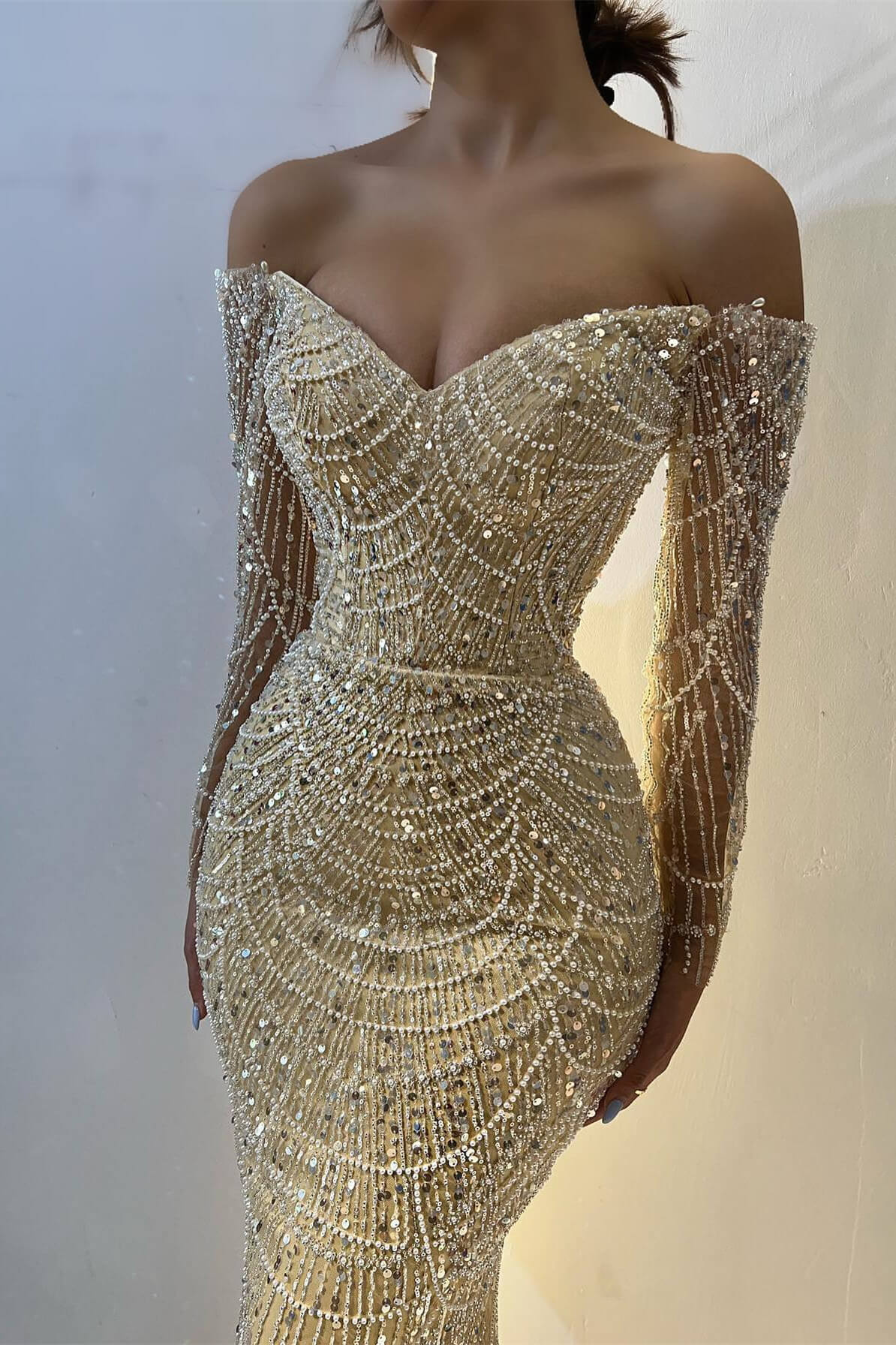 Gorgeous Yellow Off Shoulder Mermaid Long Sleeve Beaded Prom Dresses Fashion Evening Dress ED02431