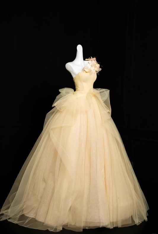Jolie robe de bal jaune asymétrique en tulle, coupe trapèze, robe de soirée formelle pour anniversaire, ED02435