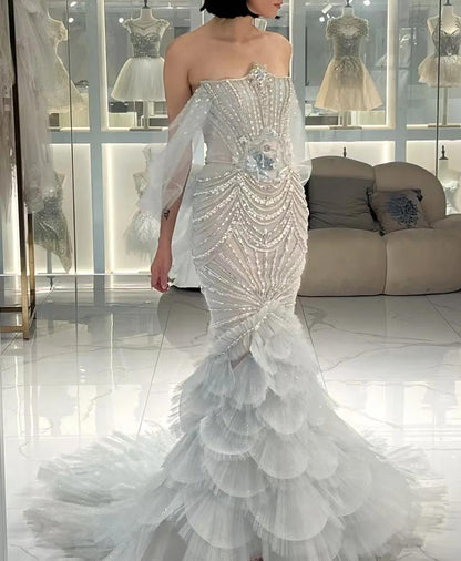 Elegant Grey Strapless Mermaid Tulle Beaded Gorgeous Train Wedding Dress 