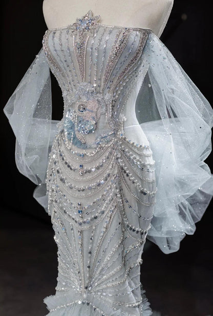 Robe de mariée sirène grise élégante, bustier, en tulle et perles, avec traîne magnifique, ED02437