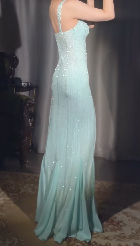Robe de soirée élégante en mousseline de soie à col en V et perles, style sirène, style Tiffany bleu vintage, ED02439