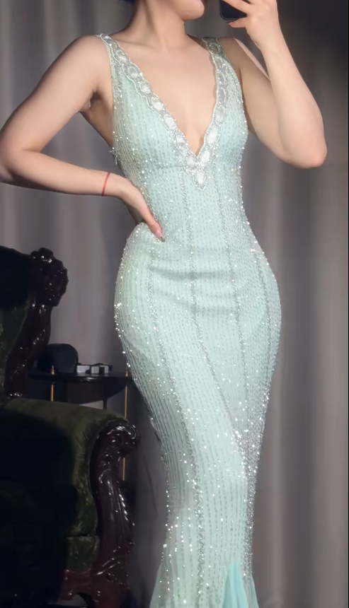 Robe de soirée élégante en mousseline de soie à col en V et perles, style sirène, style Tiffany bleu vintage, ED02439