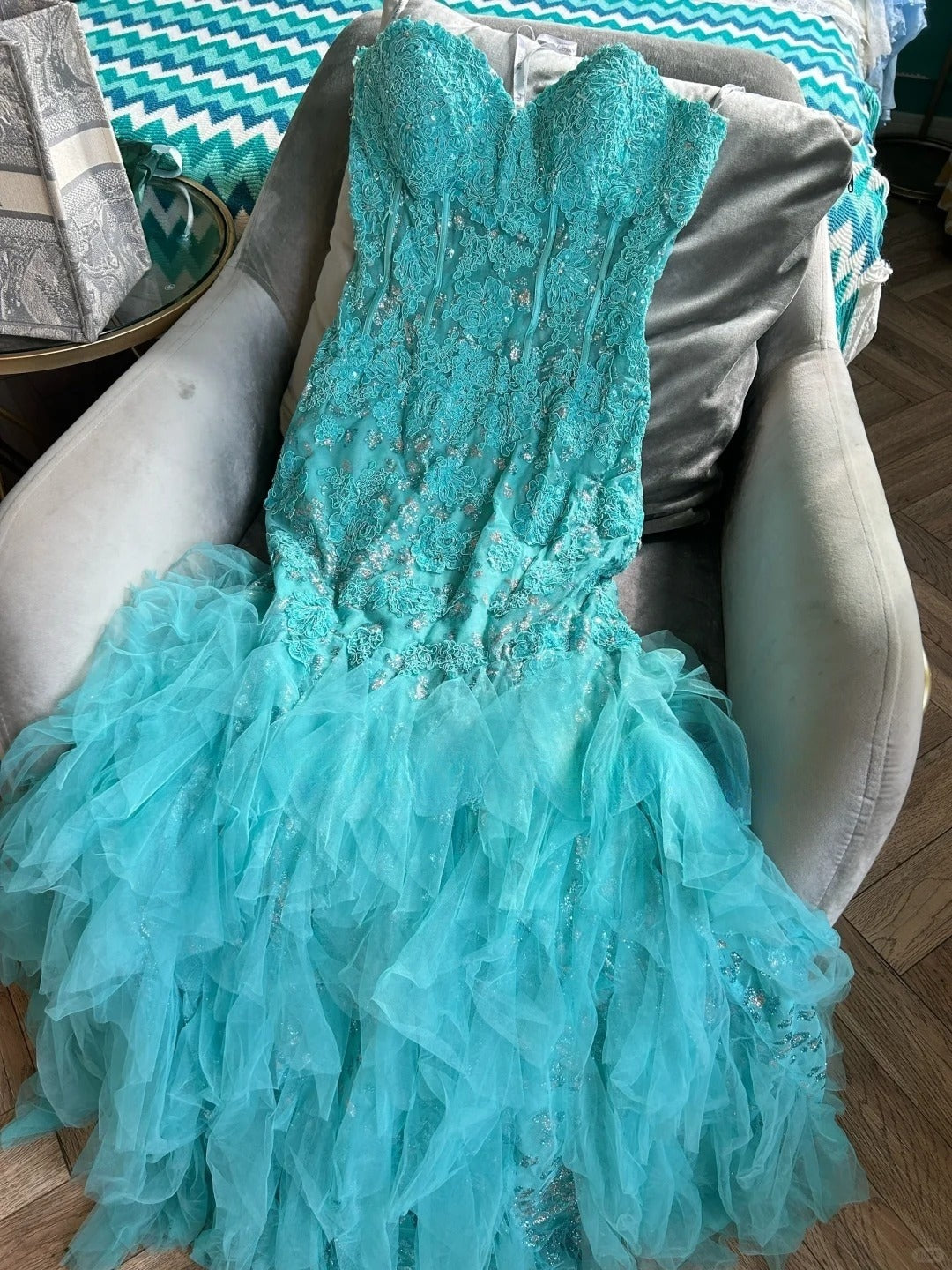 Elegante blaue Schatz Hals Meerjungfrau Tüll Applikationen lange Ballkleider formale Abendkleider ED02442