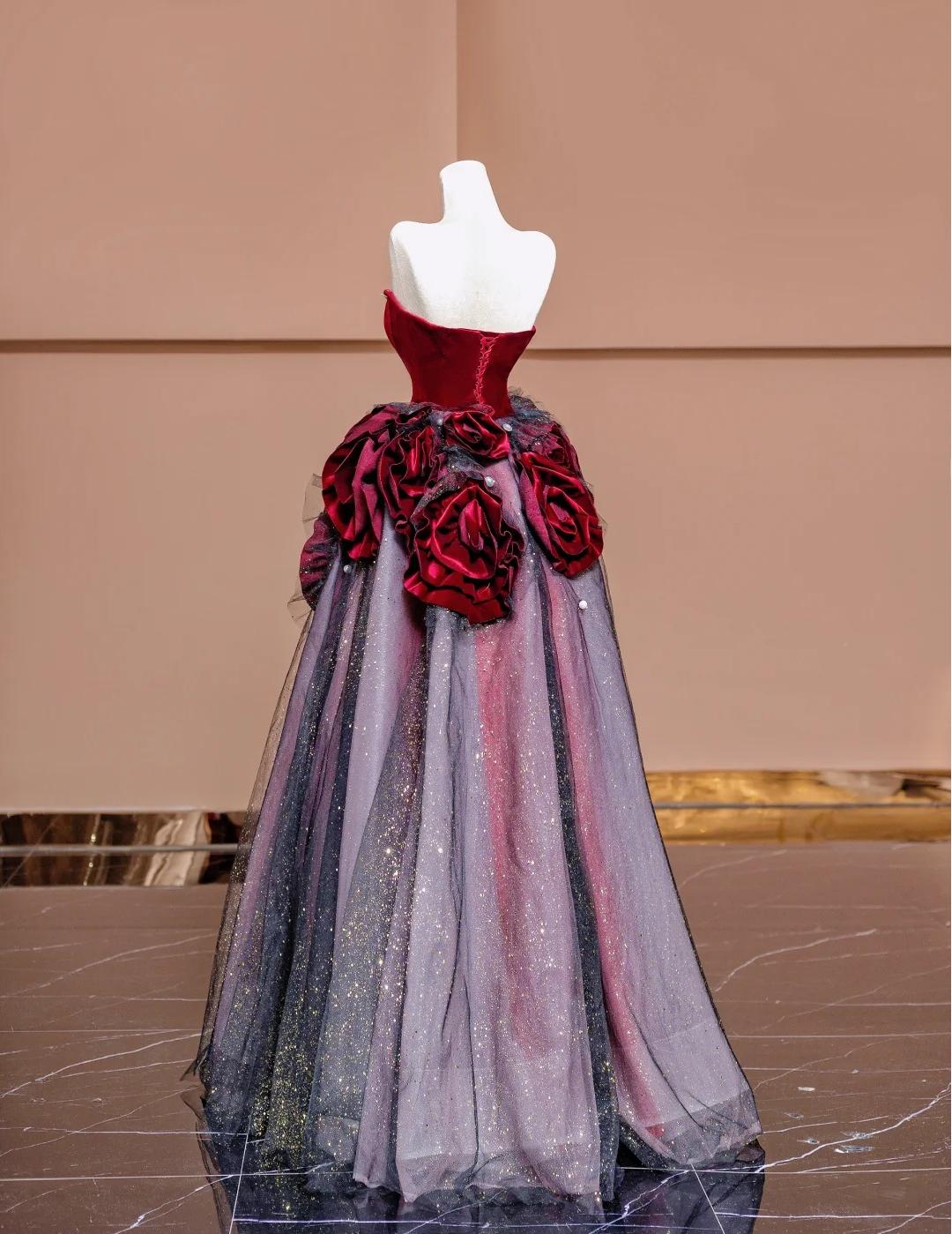 Superbe robe de bal longue en tulle bordeaux sans bretelles, coupe trapèze, robe de mariée unique ED02443