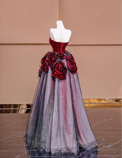 Superbe robe de bal longue en tulle bordeaux sans bretelles, coupe trapèze, robe de mariée unique ED02443