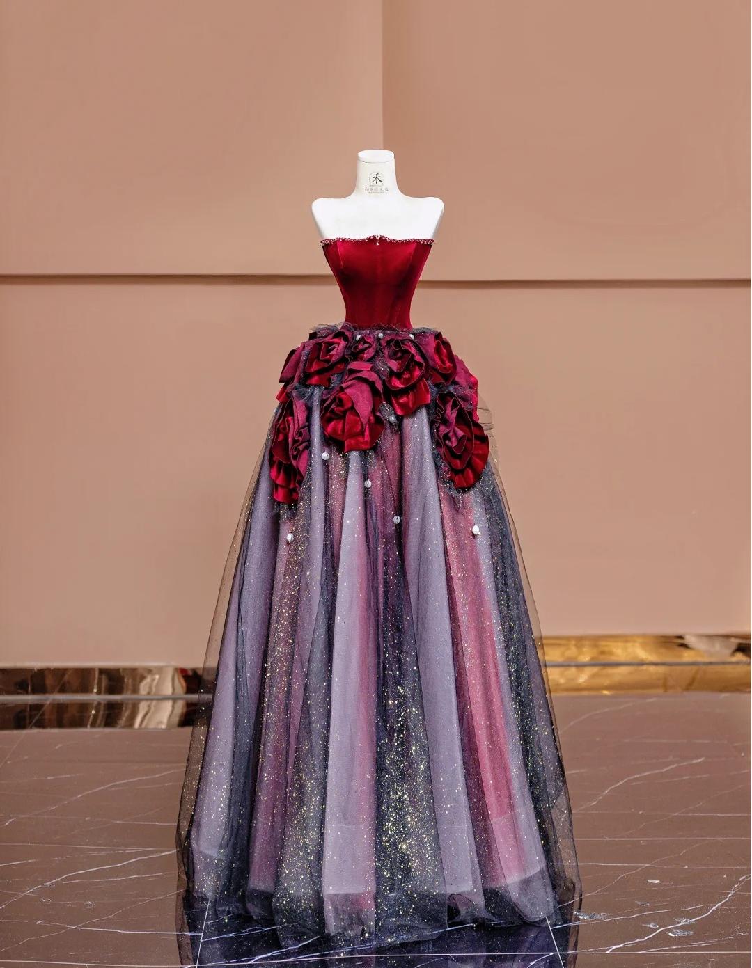Superbe robe de bal longue en tulle bordeaux sans bretelles, coupe trapèze, robe de mariée unique ED02443