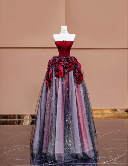 Superbe robe de bal longue en tulle bordeaux sans bretelles, coupe trapèze, robe de mariée unique ED02443