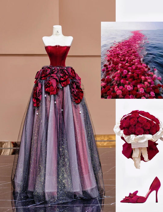 Superbe robe de bal longue en tulle bordeaux sans bretelles, coupe trapèze, robe de mariée unique ED02443