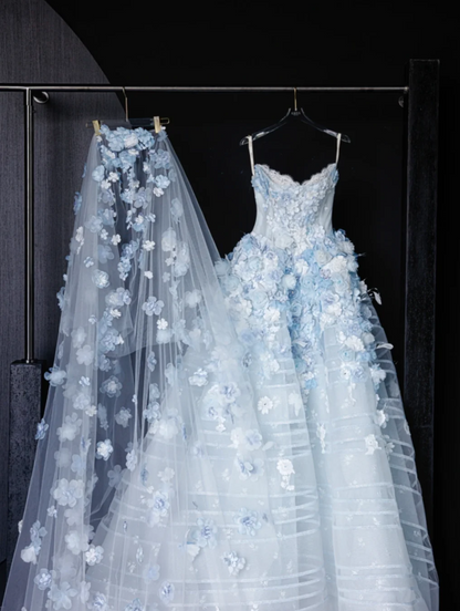 Fairytale White Tulle Strapless A-Line 3D Applique Trailing Wedding Dress ED02445
