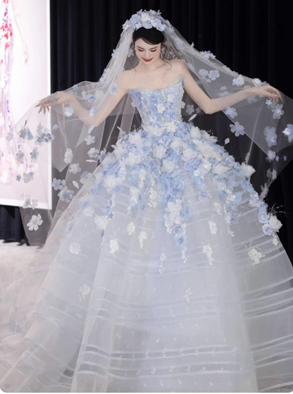 Fairytale White Tulle Strapless A-Line 3D Applique Trailing Wedding Dress ED02445